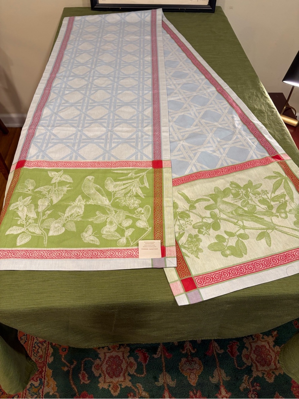 Williams Sonoma Floral & Geometric Table Runner - Green, Blue, Red 17x107